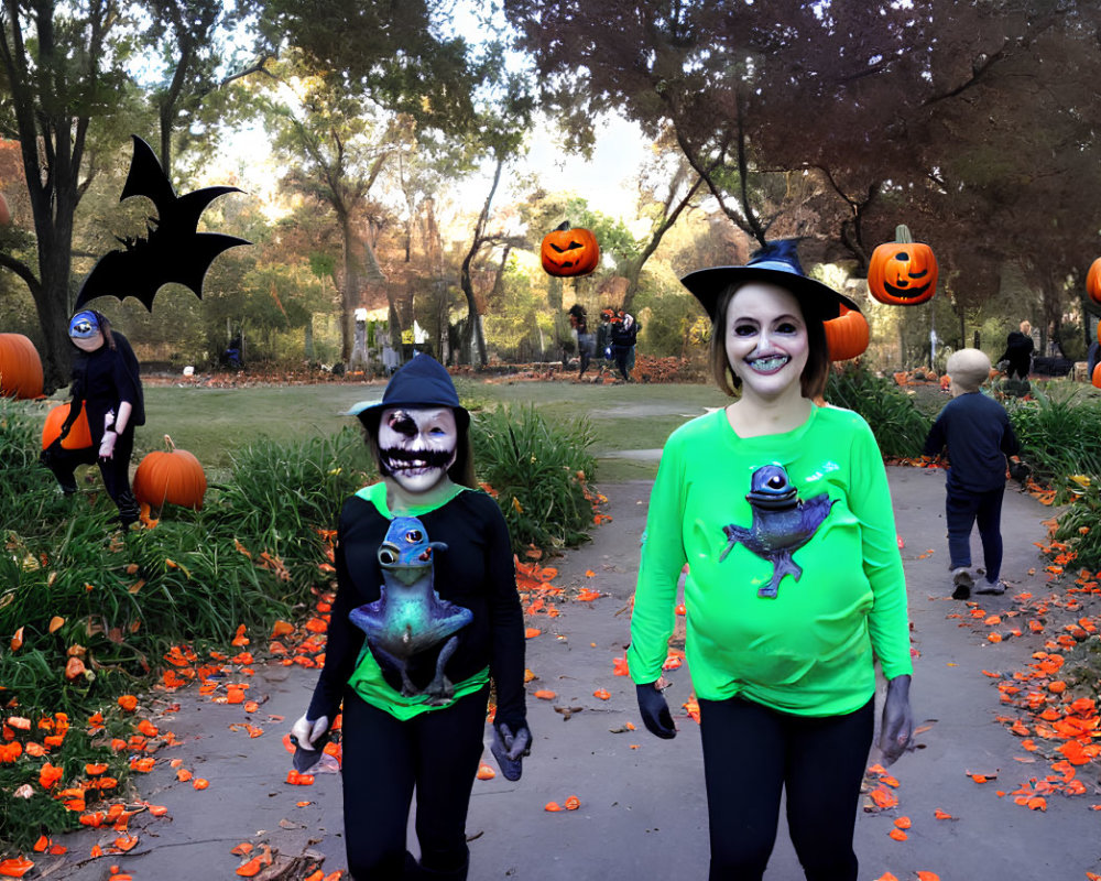People in Halloween costumes with painted faces in a park with pumpkin figures and autumn leaves.