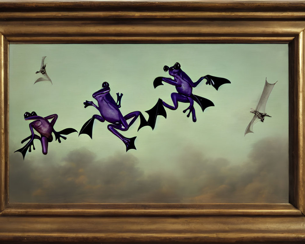 Three purple bat-winged frogs in ornate wooden frame on cloudy backdrop
