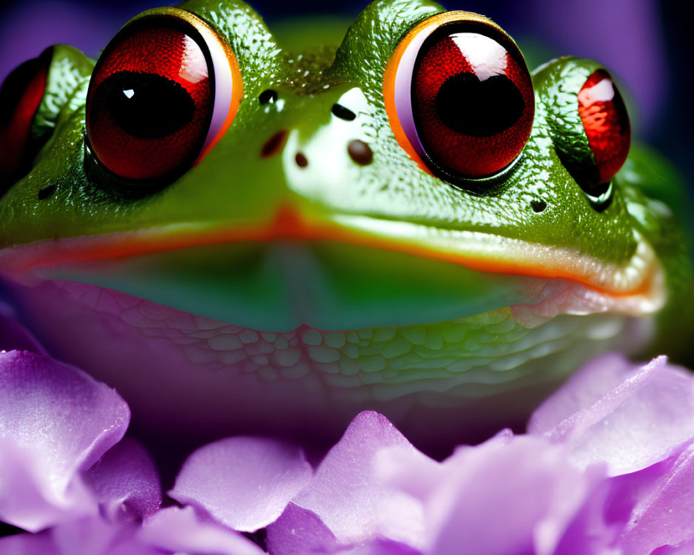 Vibrant green frog with red eyes on purple petals