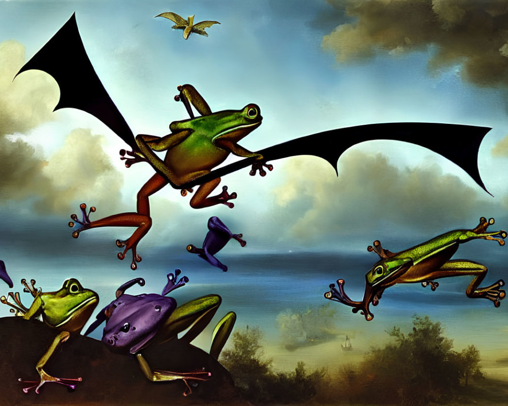 Artwork of frog-like creatures with bat wings flying under cloudy sky