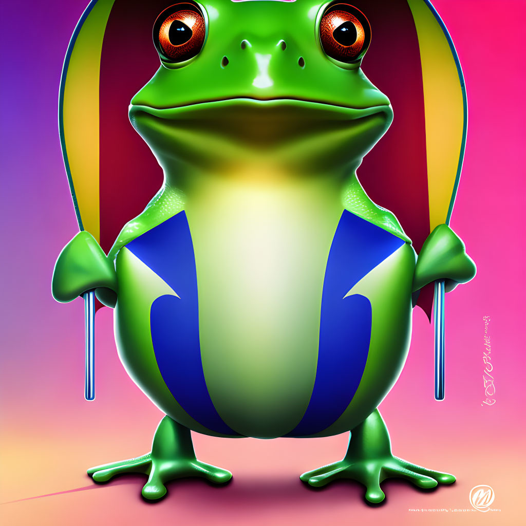Vibrant green frog illustration against sunset background