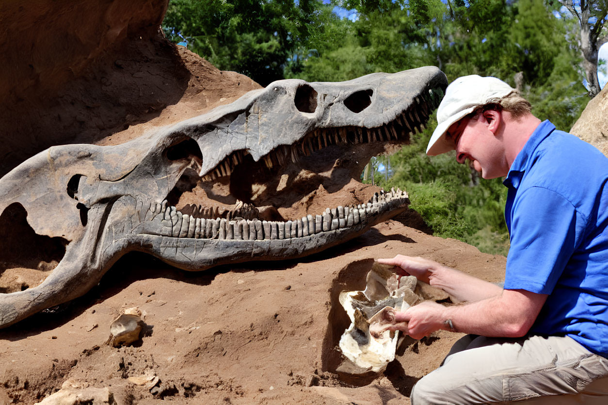 Scientist studying fossil skull at dinosaur excavation site