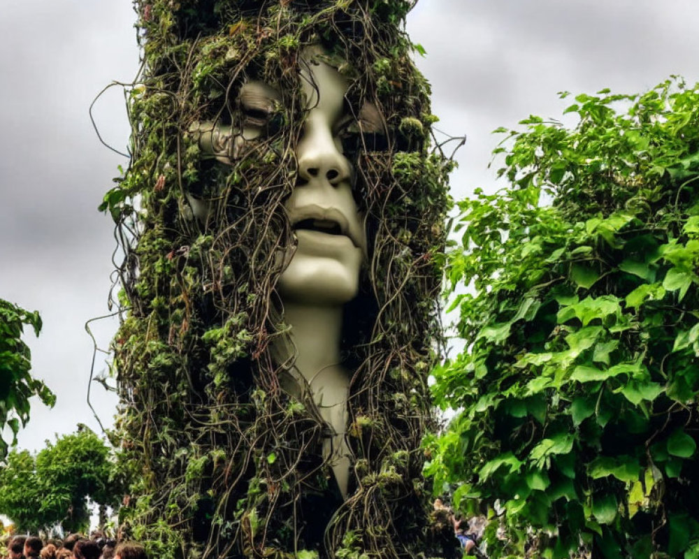 Giant woman sculpture covered in green vines surrounded by spectators