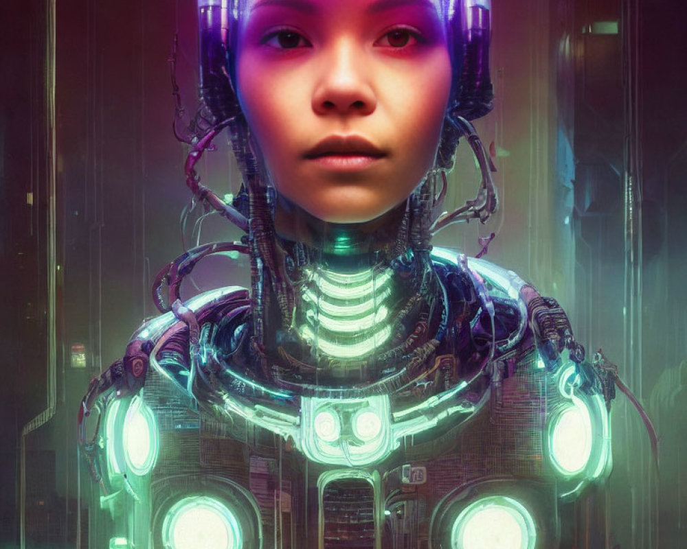 Cybernetic woman with futuristic headset in neon-lit setting