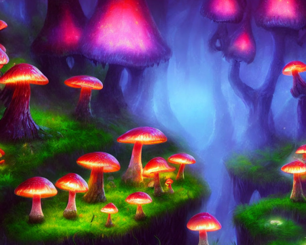 Enchanted forest glade with glowing mushrooms in blue light