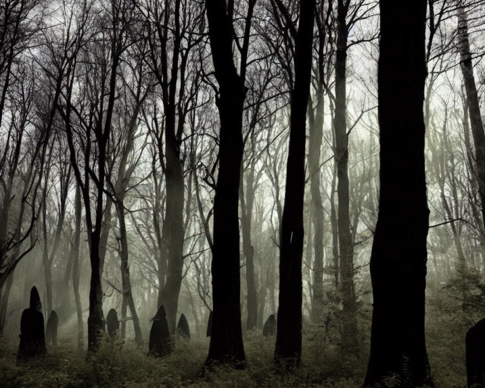 Foggy forest with bare trees and tombstones - eerie atmosphere
