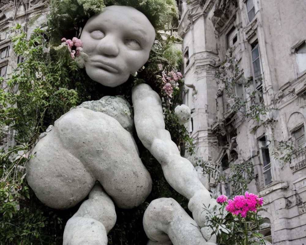 Large Baby Sculpture with Plants Against Old Building Facade
