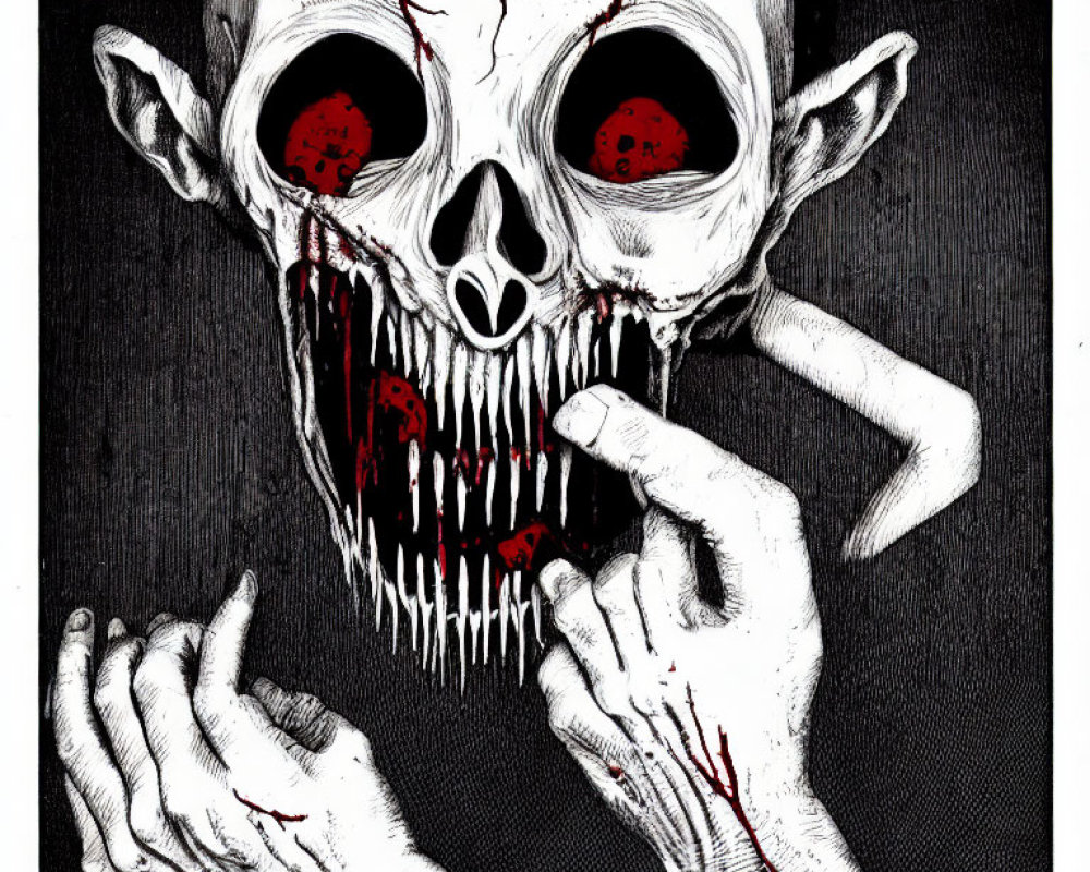 Dark background with hand holding dripping skull