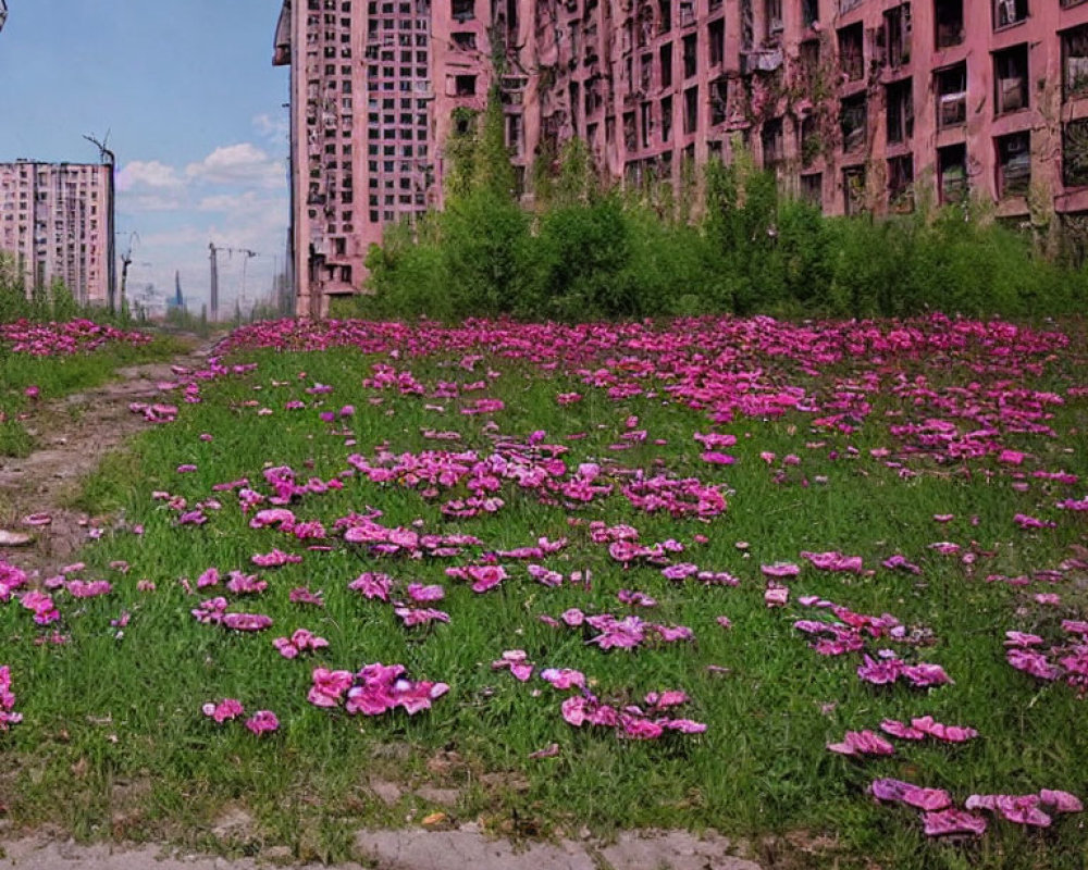Grassy Area with Pink Flowers and Dilapidated High-Rise Buildings