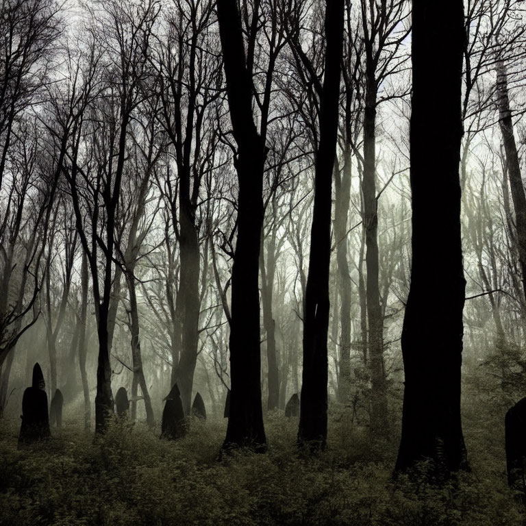 Foggy forest with bare trees and tombstones - eerie atmosphere