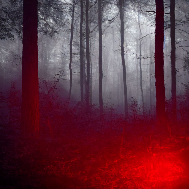Mystic forest with fog, blue light, and red glow at tree base