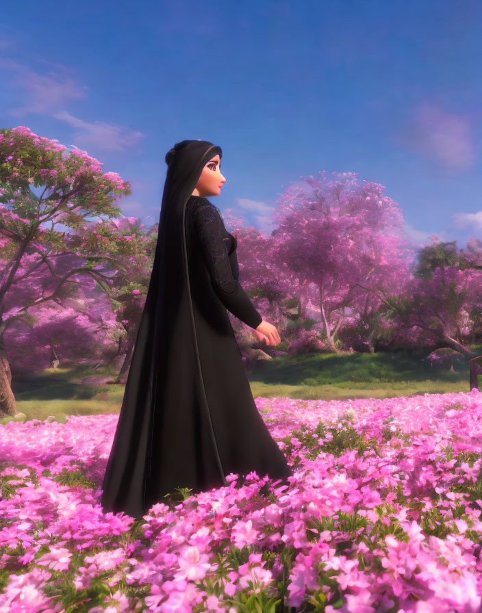 Animated woman in black dress surrounded by pink flowers and tree canopy.