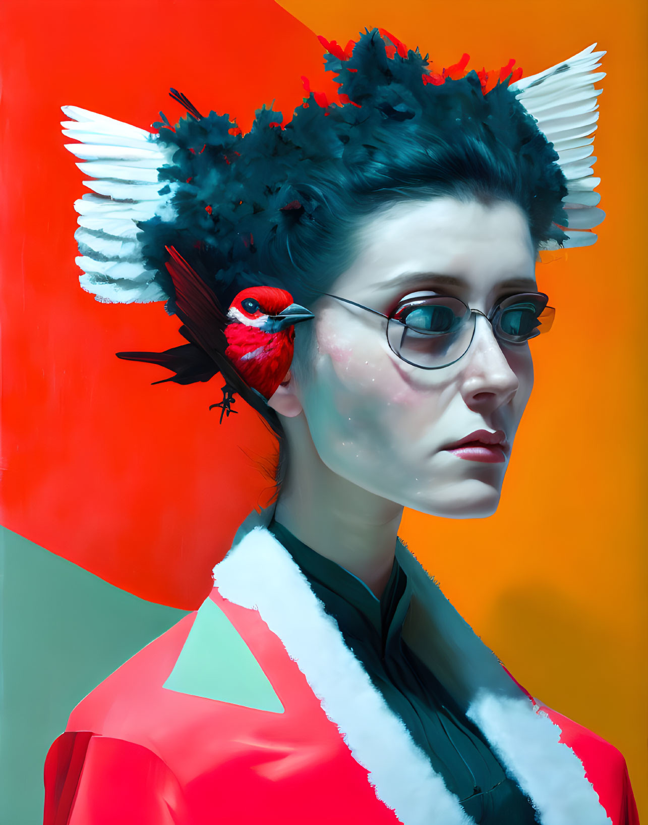 Woman with Glasses and Red Bird Headpiece on Orange and Teal Background
