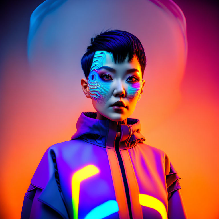 Colorful portrait of person with pixie haircut and futuristic face paint under neon lights