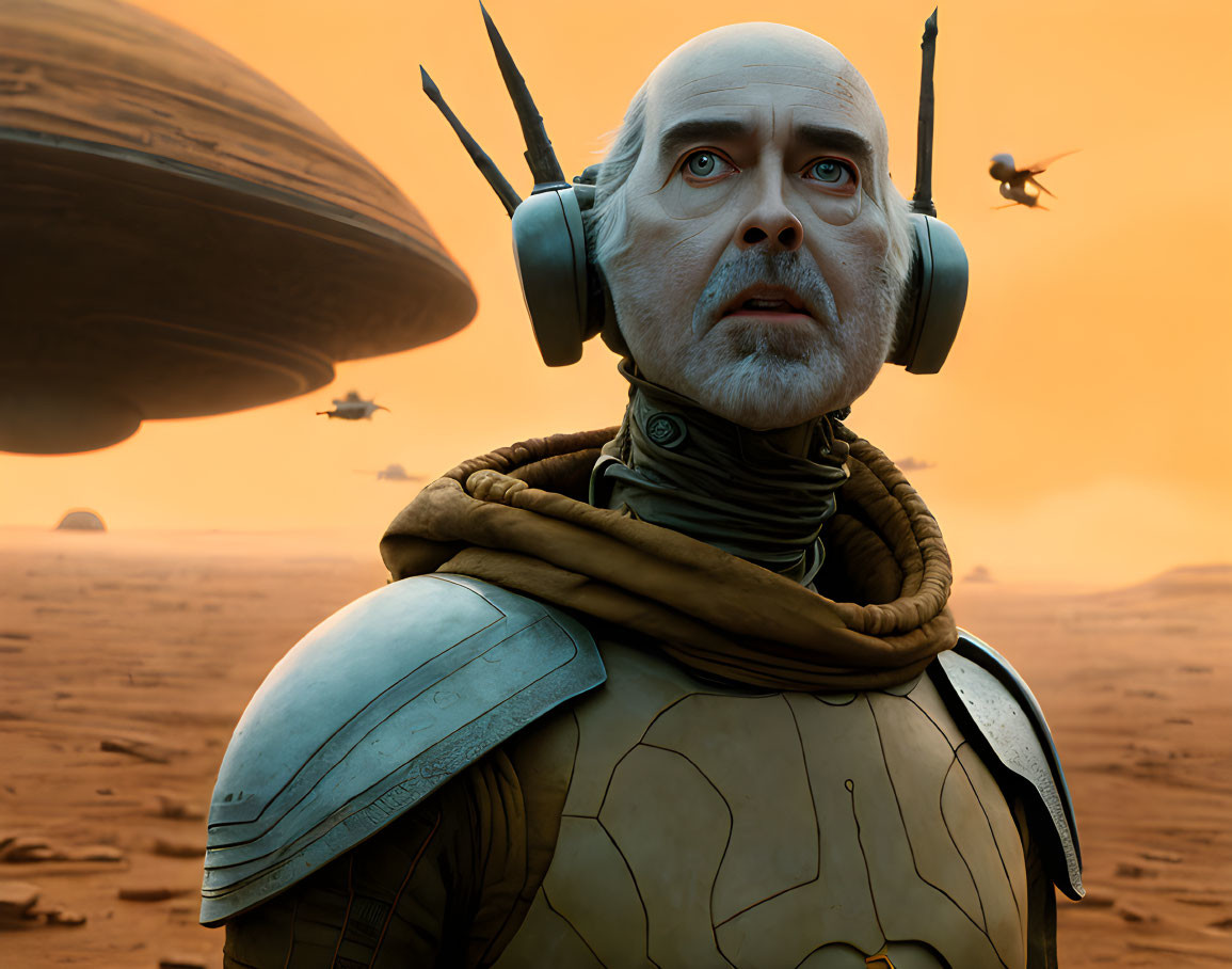 Bald humanoid alien with large eyes on desert planet with spaceships