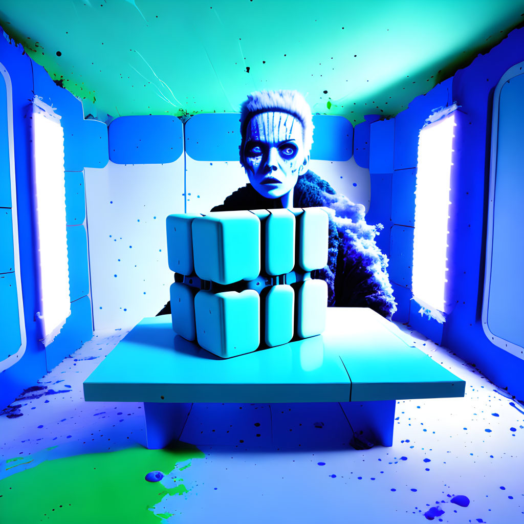 Blue-toned person with white hair in futuristic scene with cubes on table in blue-lit room with