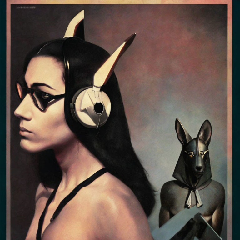 Surreal portrait of woman with dog features and headphones