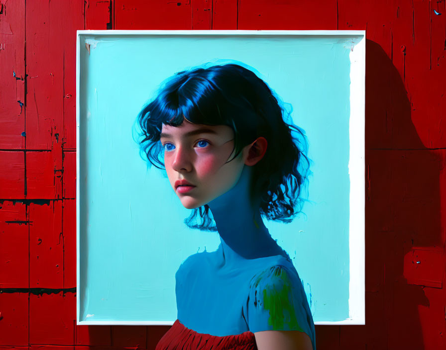 Young girl with blue hair and red dress against red wall with blue tint lighting