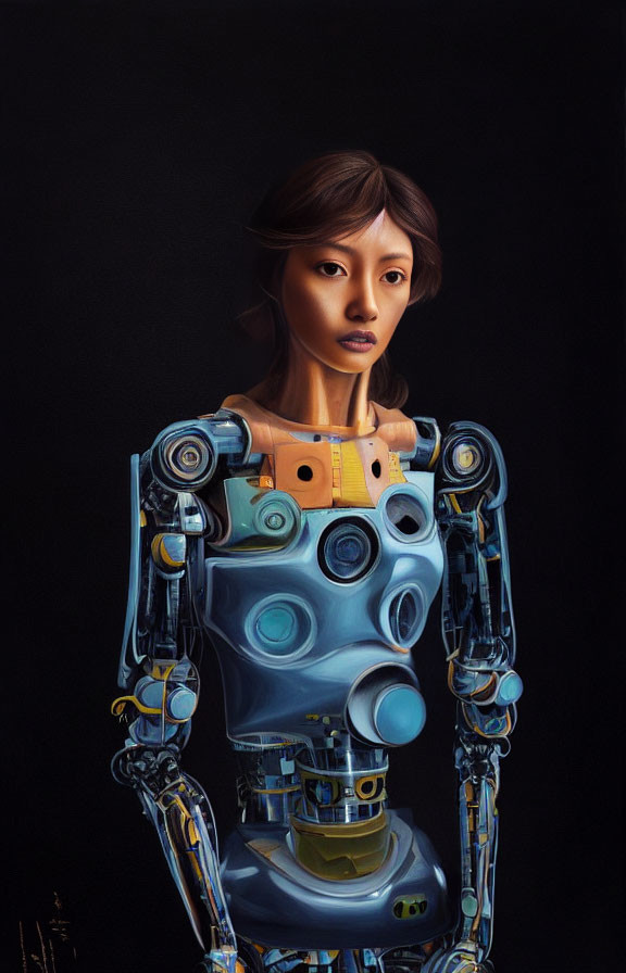 Female android with human face on mechanical body against black background