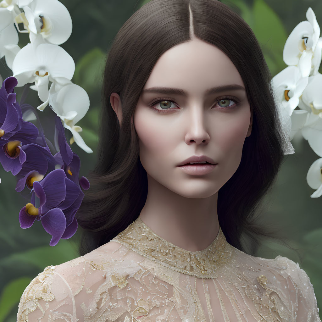 Dark-haired woman with green eyes among white and purple orchids in lace top
