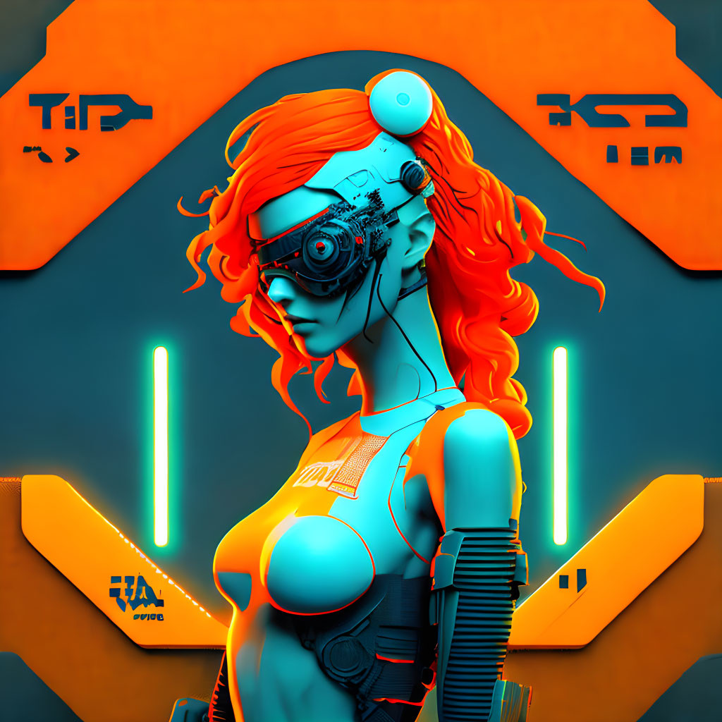Futuristic female cyborg with orange hair and cybernetic eye on neon orange and blue background