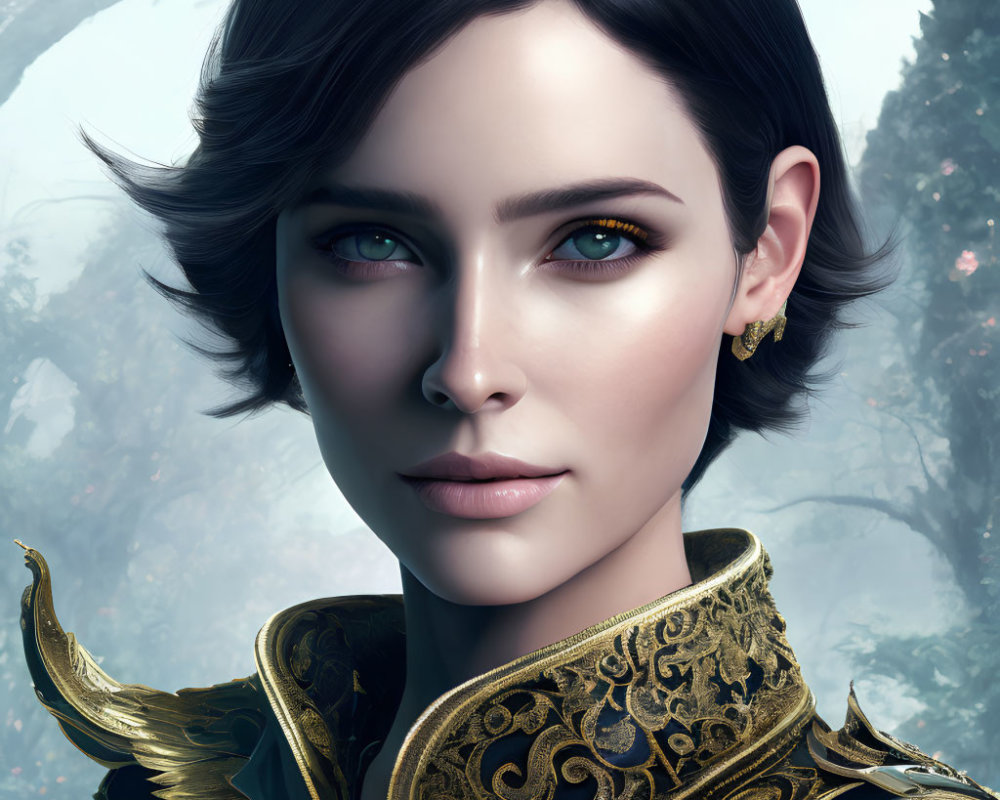 Portrait of woman with short wavy hair and green eyes in black and gold military-style jacket