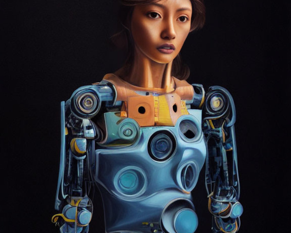 Female android with human face on mechanical body against black background