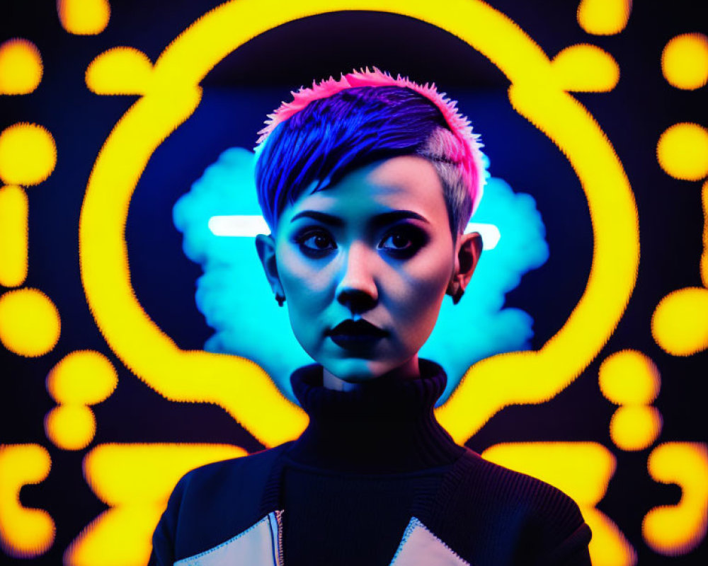 Pixie-Haired Person Surrounded by Vibrant Neon Lights in Futuristic Setting
