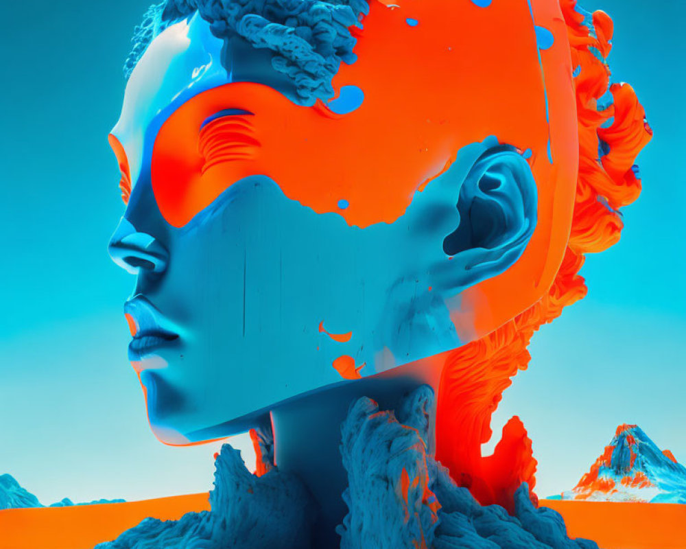 Surreal 3D Render: Split-Profile Human Head in Blue and Orange Textures