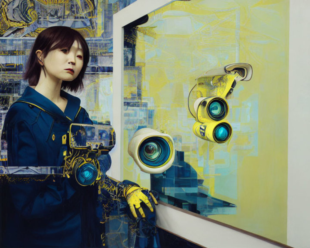Person in blue uniform with gloves interacts with mechanical parts and robotic eyes through window on yellow background.