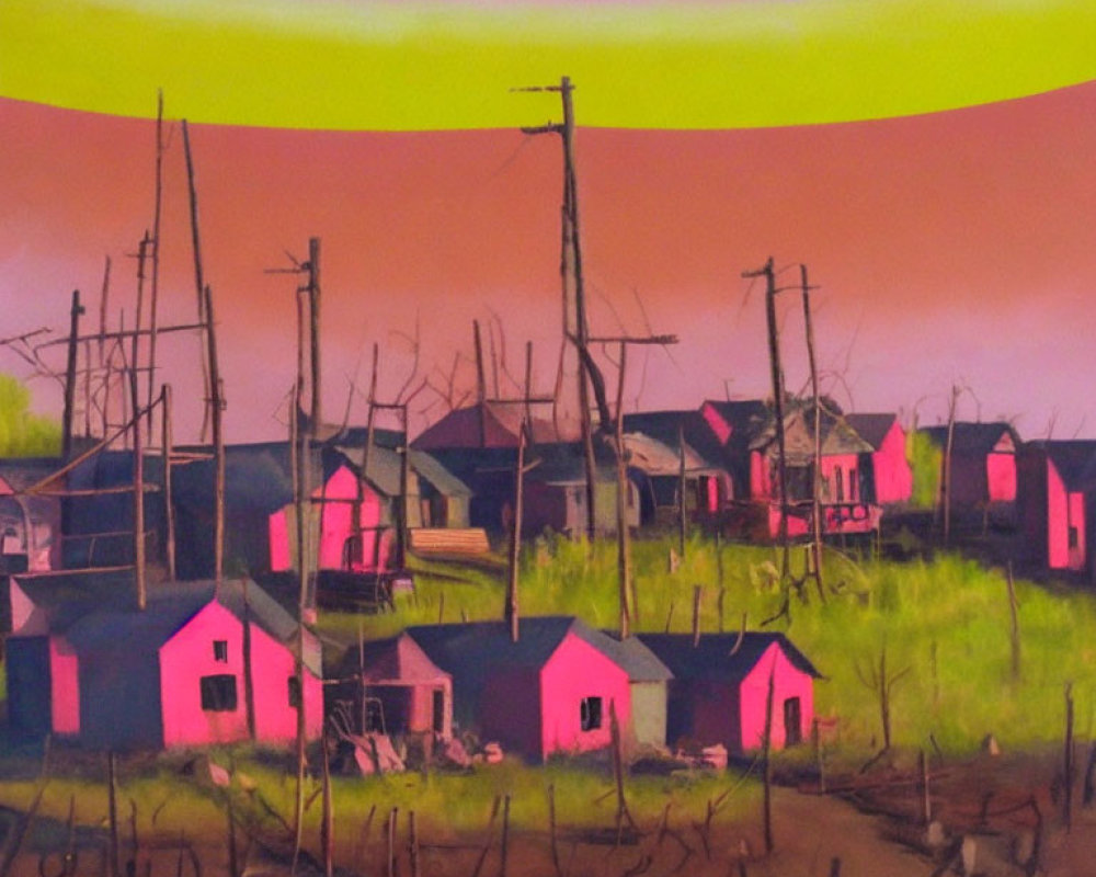 Colorful surreal painting: pink houses, barren trees, telephone poles, green & yellow sky