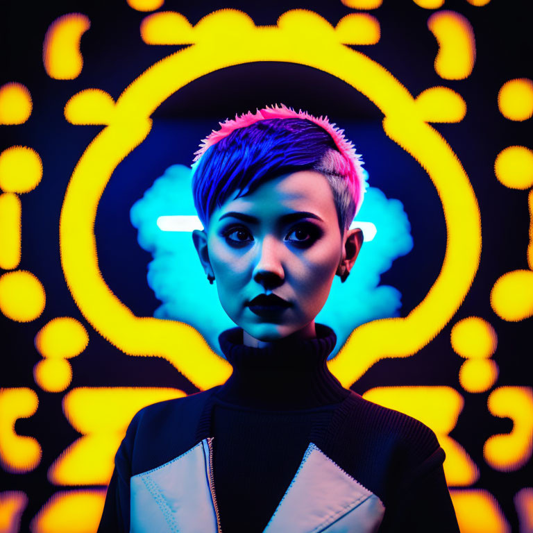 Pixie-Haired Person Surrounded by Vibrant Neon Lights in Futuristic Setting