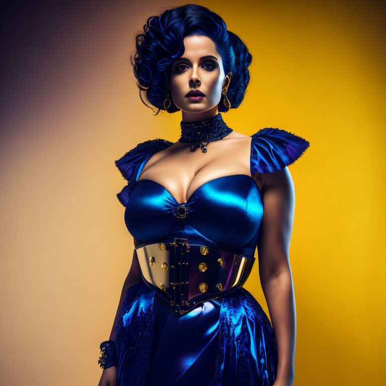 Blue-haired woman in vintage attire poses in metallic blue dress against yellow backdrop