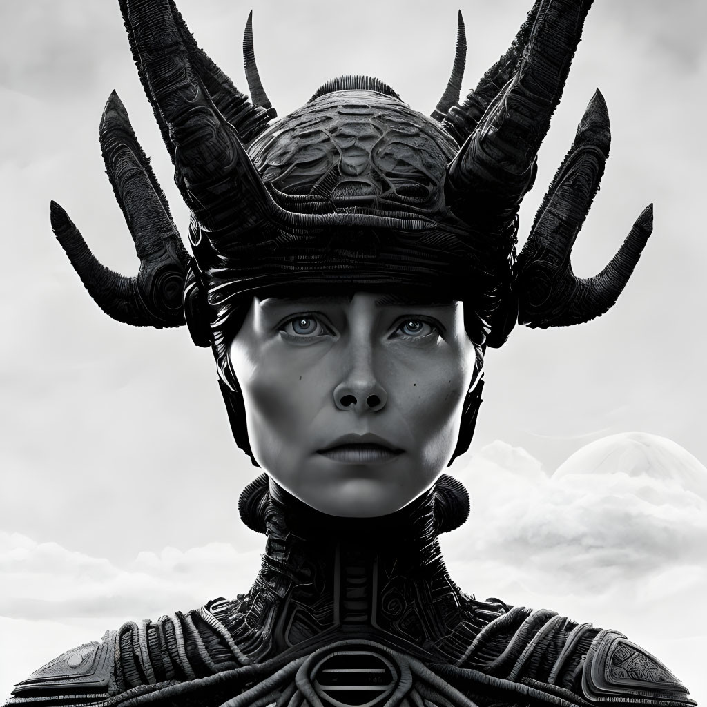 Monochrome image of person in horned helmet and textured armor under cloudy sky