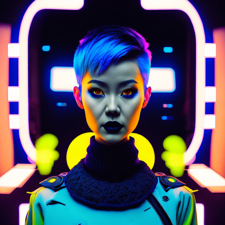 Digital artwork: Blue-haired figure with yellow eyes in neon-lit futuristic setting