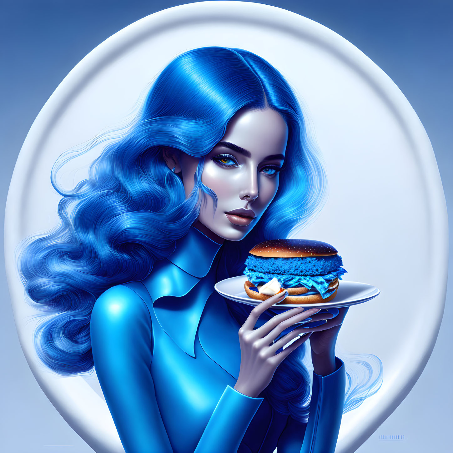 Blue-skinned woman holding blue burger on white circle background