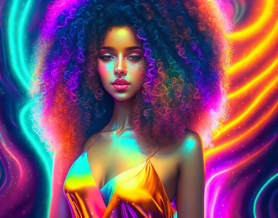 Colorful Psychedelic Background with Woman and Curly Hair