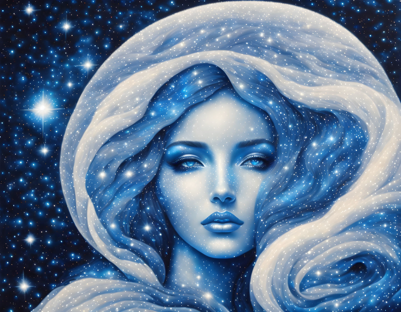 Woman's face blending with starry night sky, hair flowing like cosmic waves