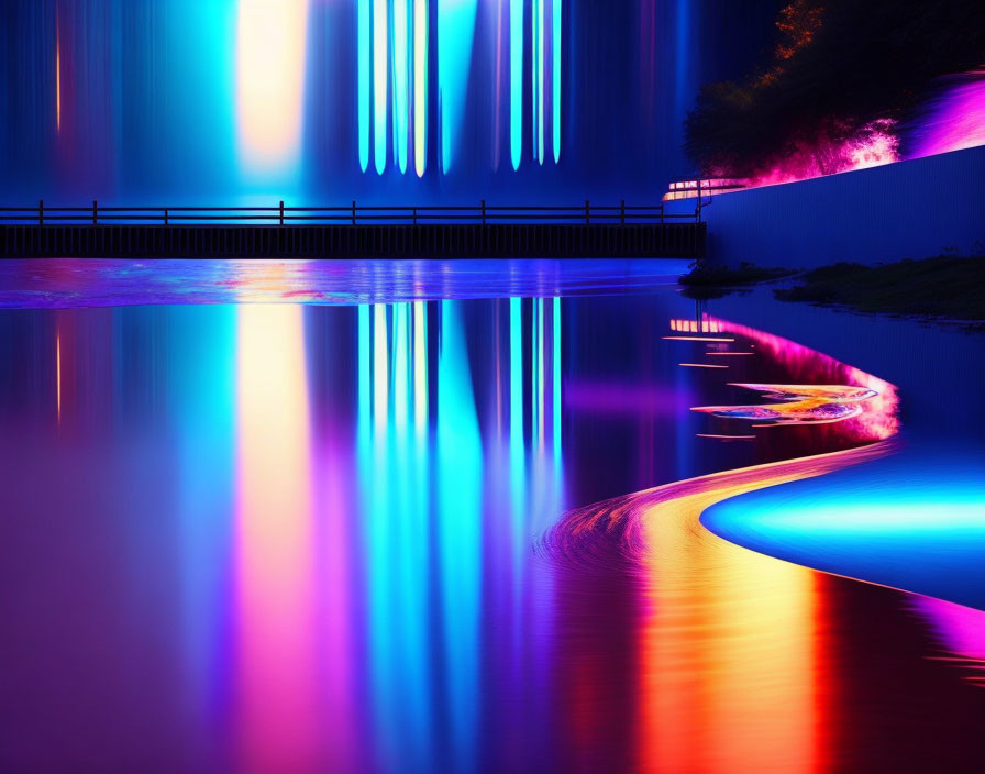 Neon-lit riverbank with colorful reflections at twilight