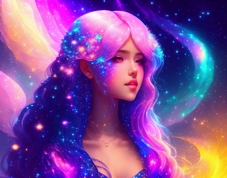 Digital artwork: Woman with pink hair in cosmic galaxy theme and vibrant butterfly wings on starry background