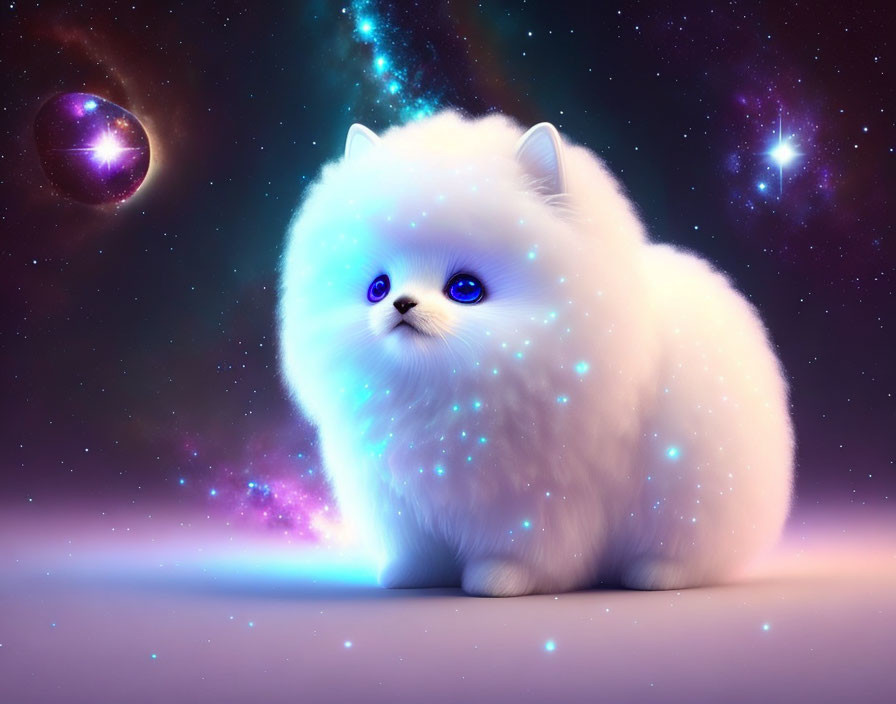 Fluffy White Cat with Blue Eyes in Cosmic Setting