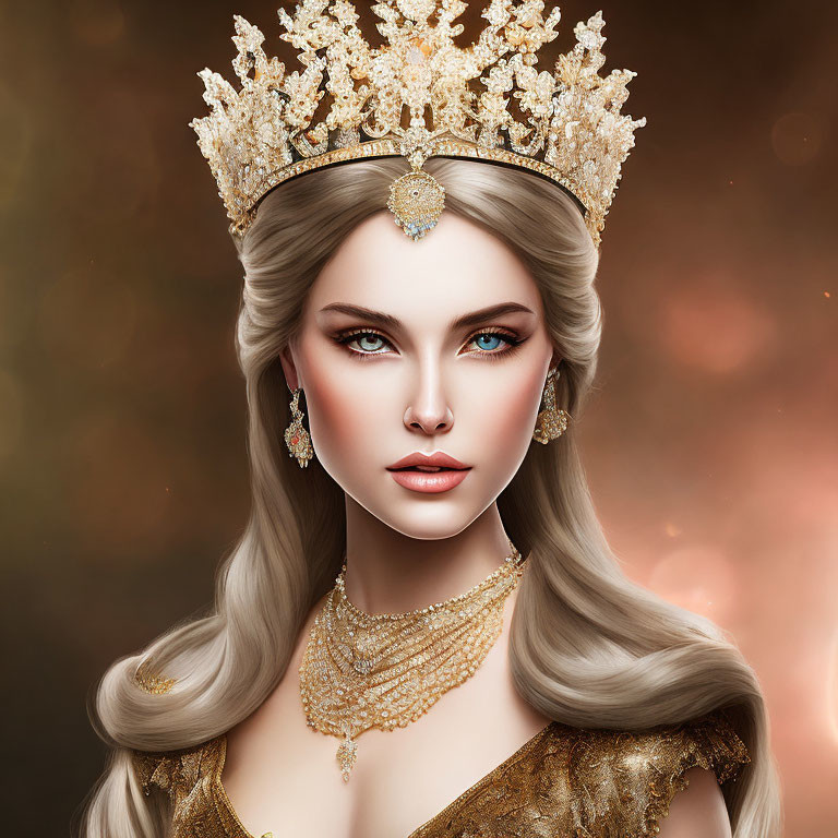 Regal woman portrait with golden crown and blue eyes