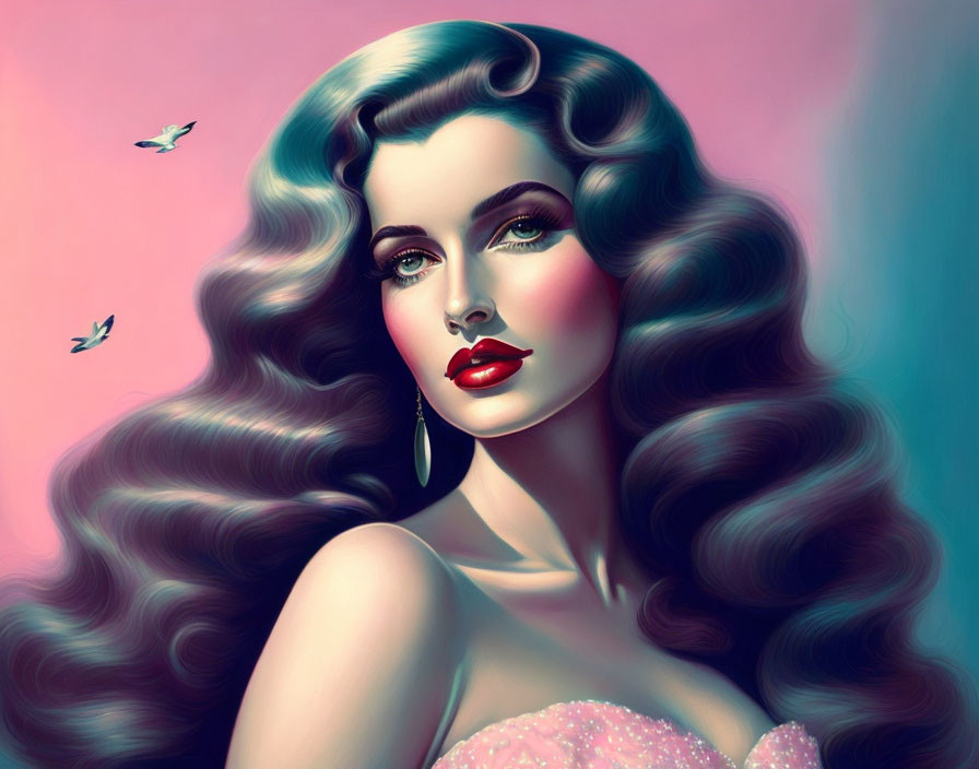 Vintage Style Illustration: Woman with Voluminous Wavy Hair and Birds