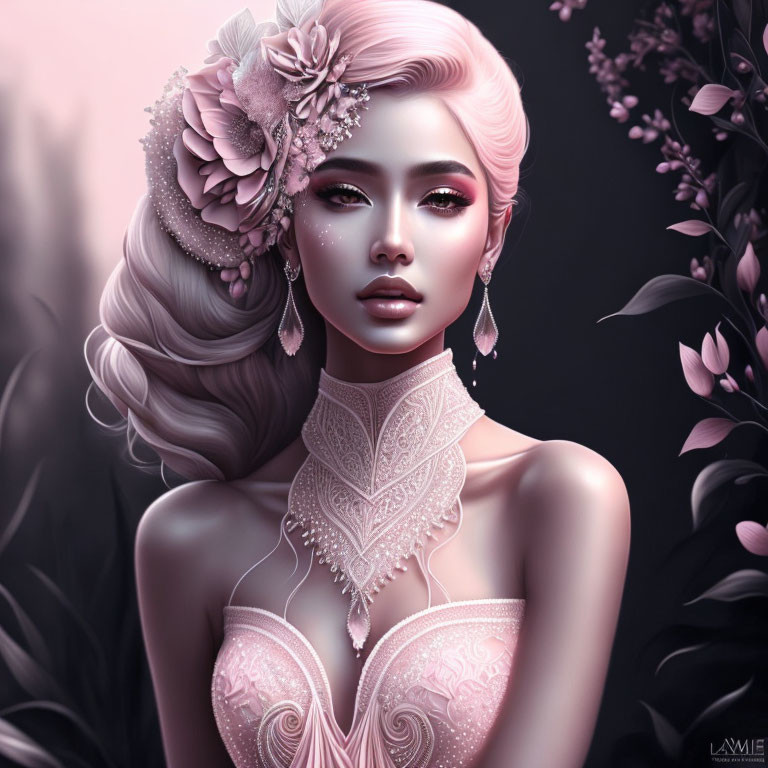 Woman with Pink Hair and Floral Adornment in Lace Choker and Gown Against Floral Background
