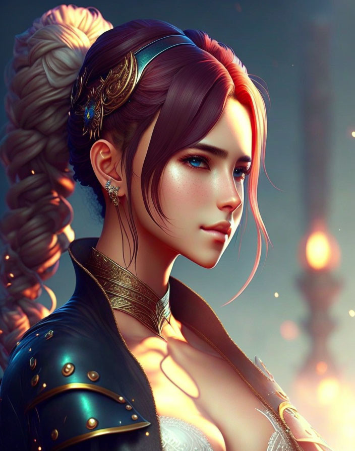Fantasy armor woman with braided updo in digital artwork