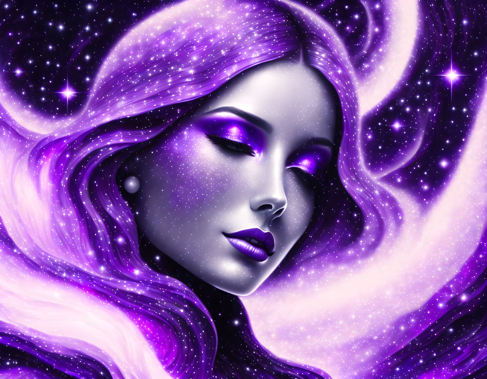 Purple-skinned woman in cosmic setting with mystical aura.