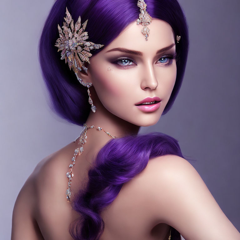 Digital artwork: Woman with purple hair, leaf hair accessory, elegant jewelry on purple backdrop