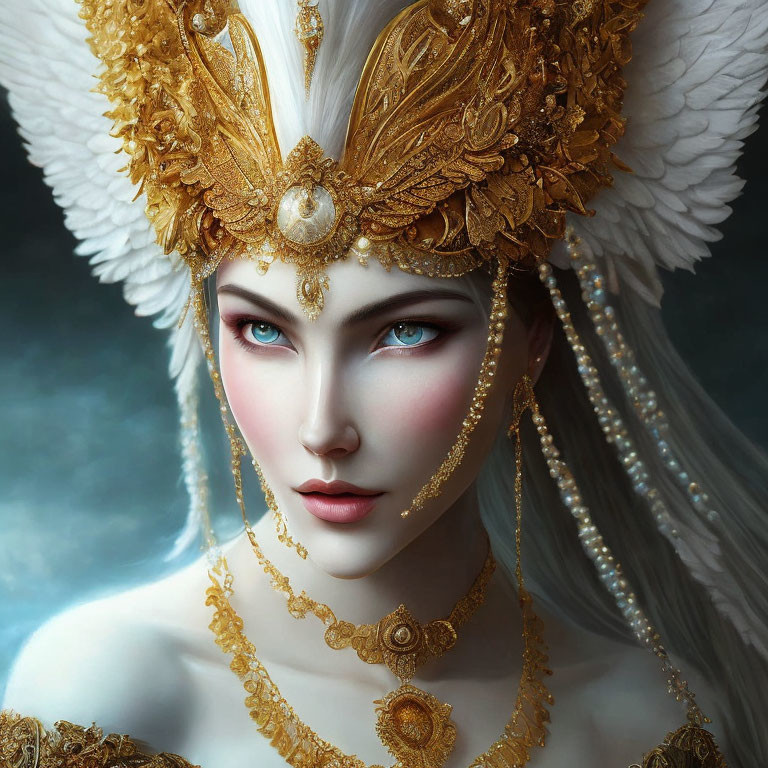 Ethereal figure with blue eyes and gold headdress on blue background