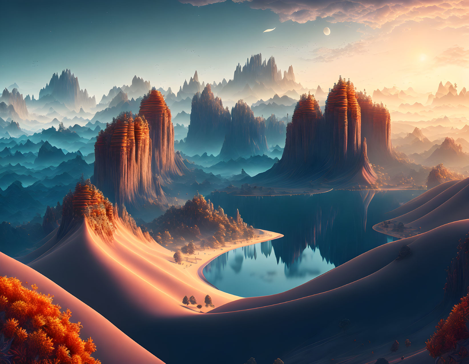 Surreal landscape with towering rock formations and autumn trees at sunset