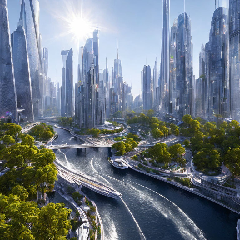 Futuristic cityscape with skyscrapers, greenery, rivers, and advanced infrastructure